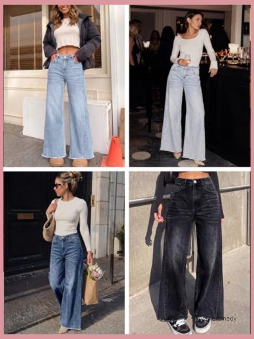 Wide Leg Jeans with Raw Hem, Mid Rise, Stretchable Cotton Blend Denim - Picture 6 of 7